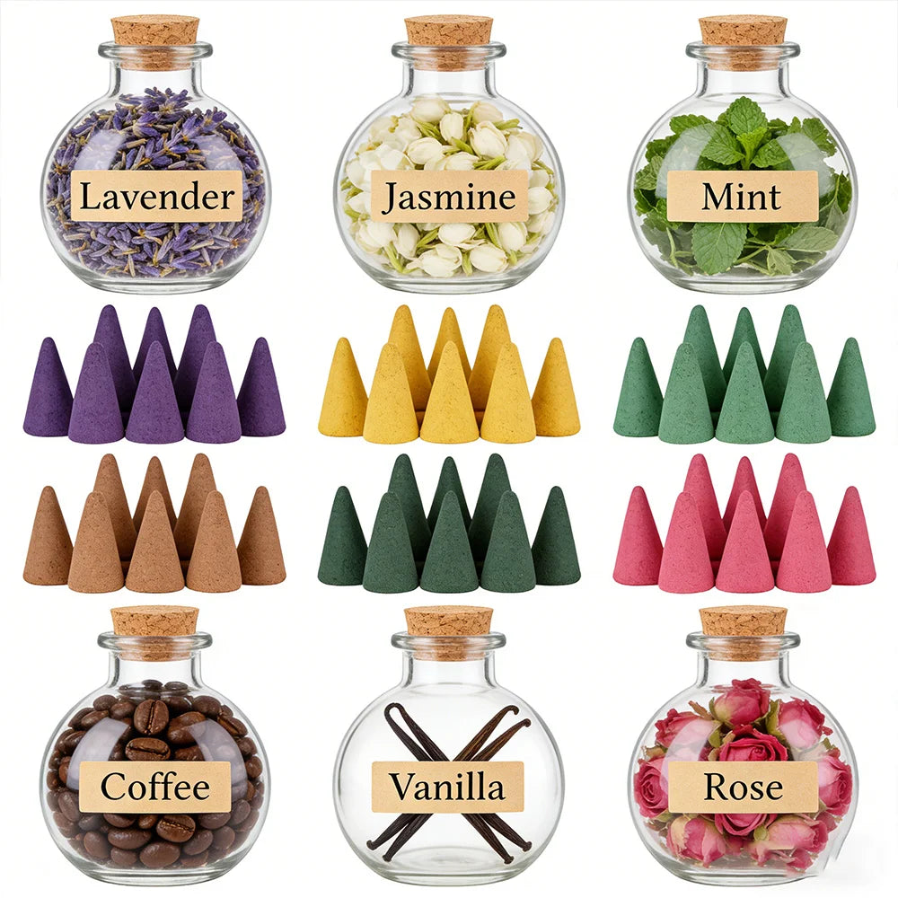 Six-Scent Incense Cone Collection – Vanilla, Coffee, Jasmine, Mint, Lavender & Rose