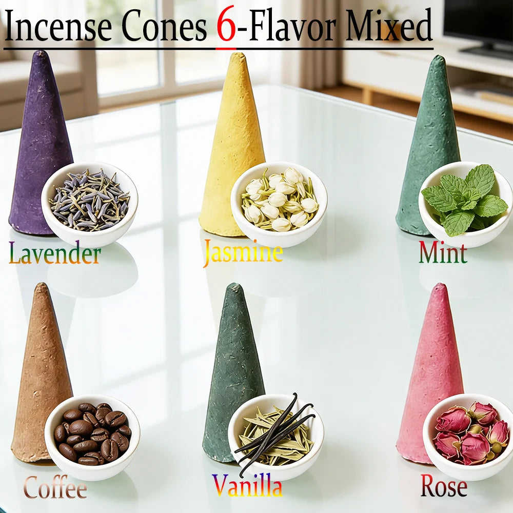 Six-Scent Incense Cone Collection – Vanilla, Coffee, Jasmine, Mint, Lavender & Rose