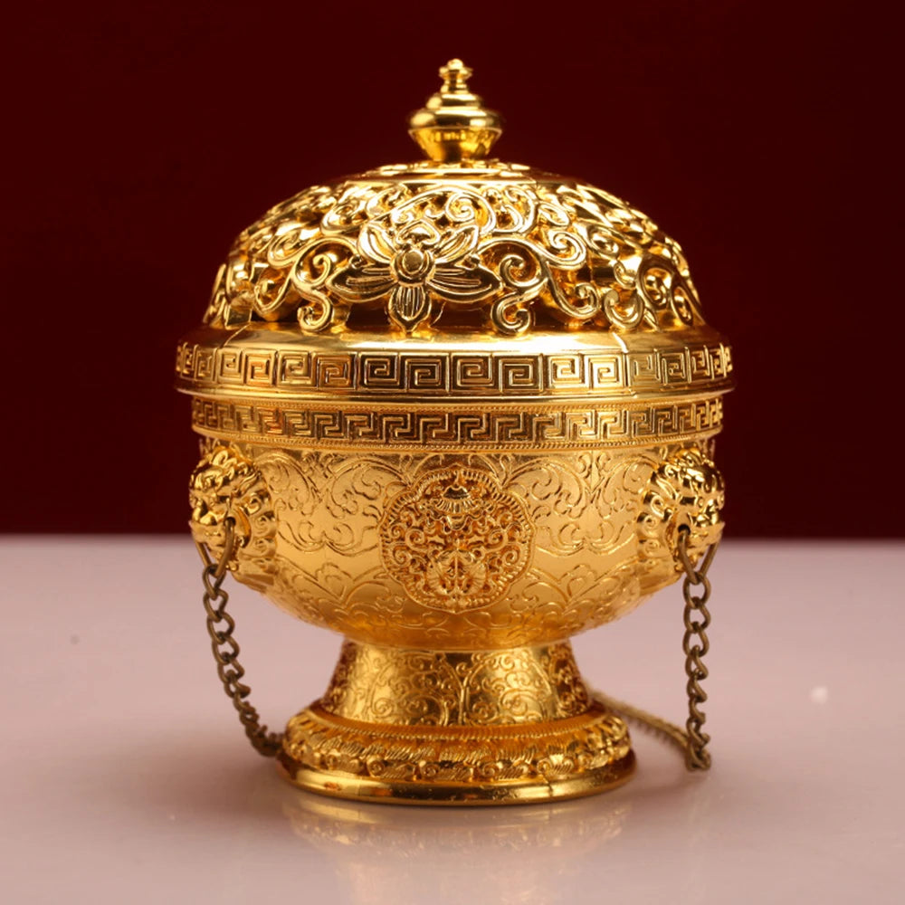 Tibetan-Inspired Golden Hanging Incense Burner – Meditation & Sacred Home Décor